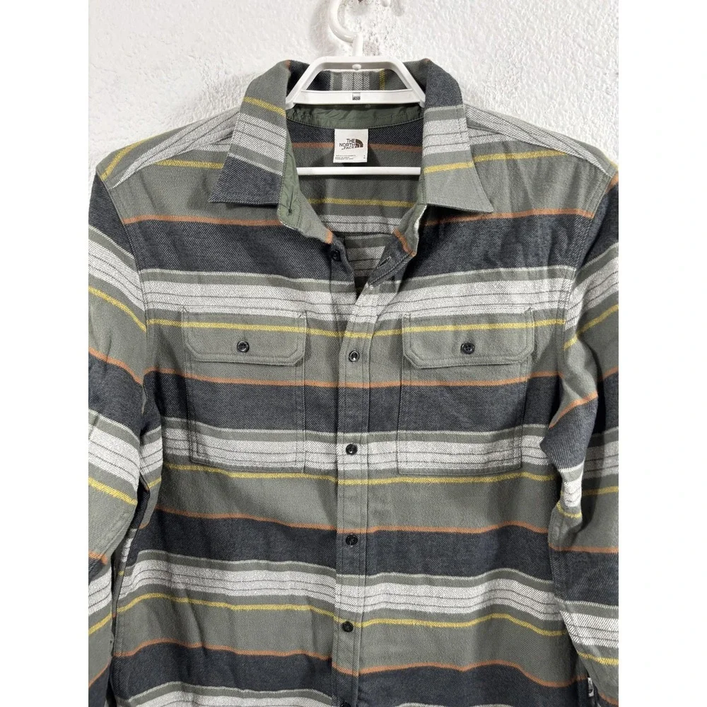 The‎ North Face Flannel Shirt Mens Large Green Striped Button Up Long Sleeve
